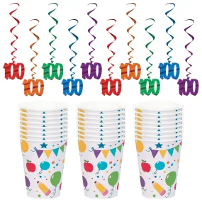 100th Day of School Party Supplies - Hanging Decorations and Paper Cups (Serves 24)