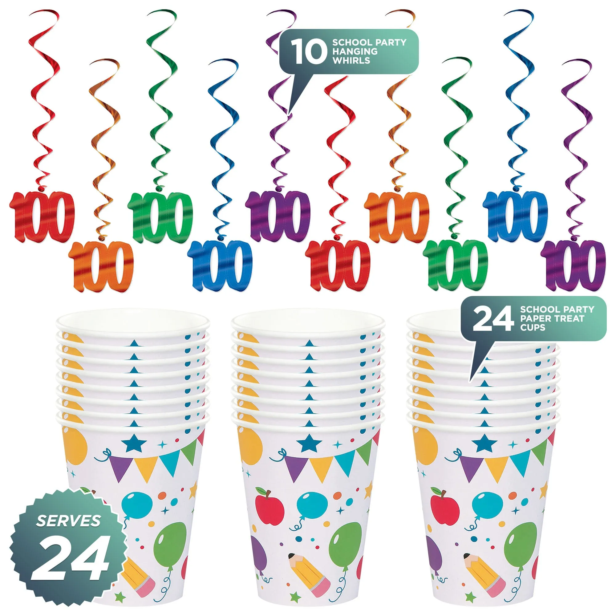 100th Day of School Party Supplies - Hanging Decorations and Paper Cups (Serves 24)