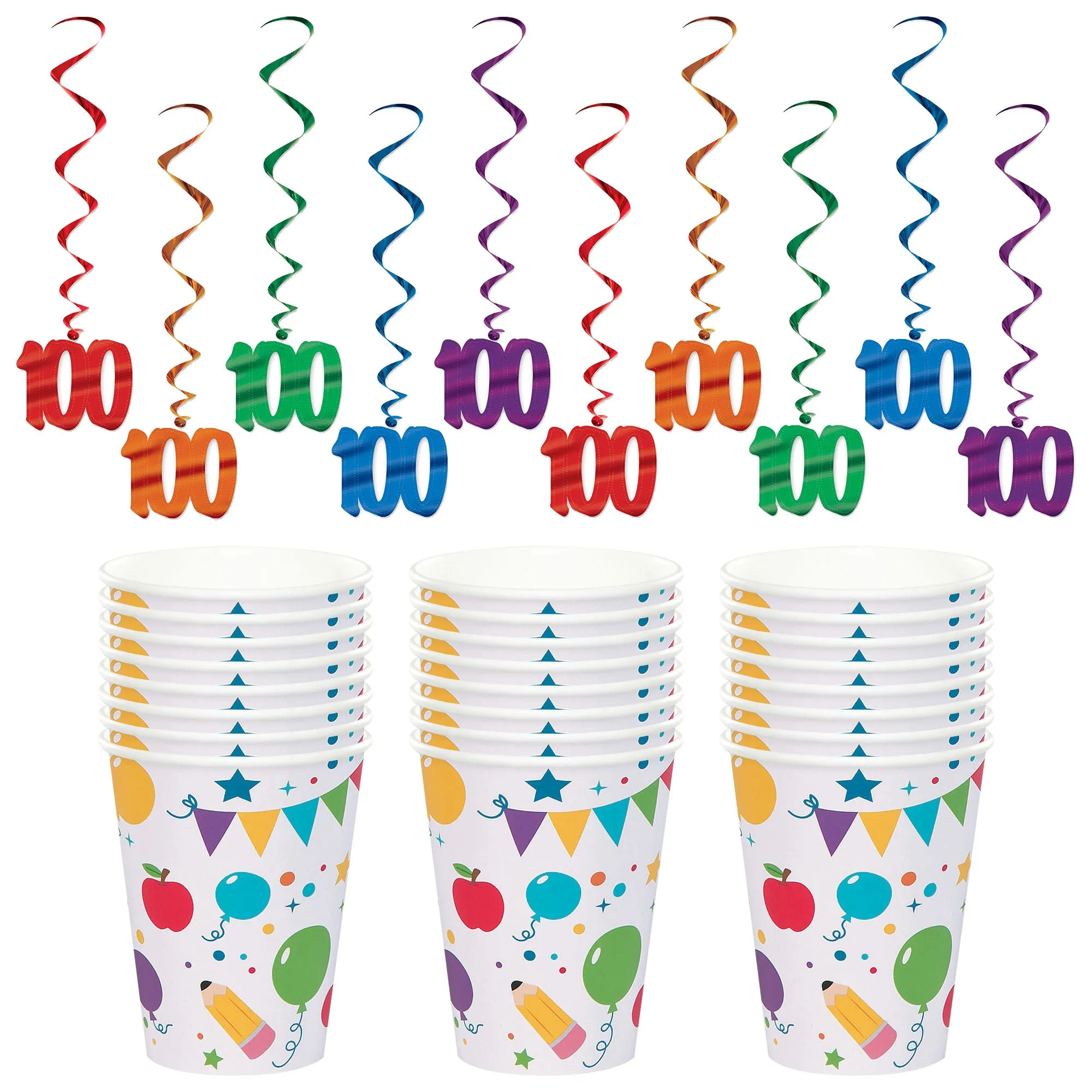 100th Day of School Party Supplies - Hanging Decorations and Paper Cups (Serves 24)
