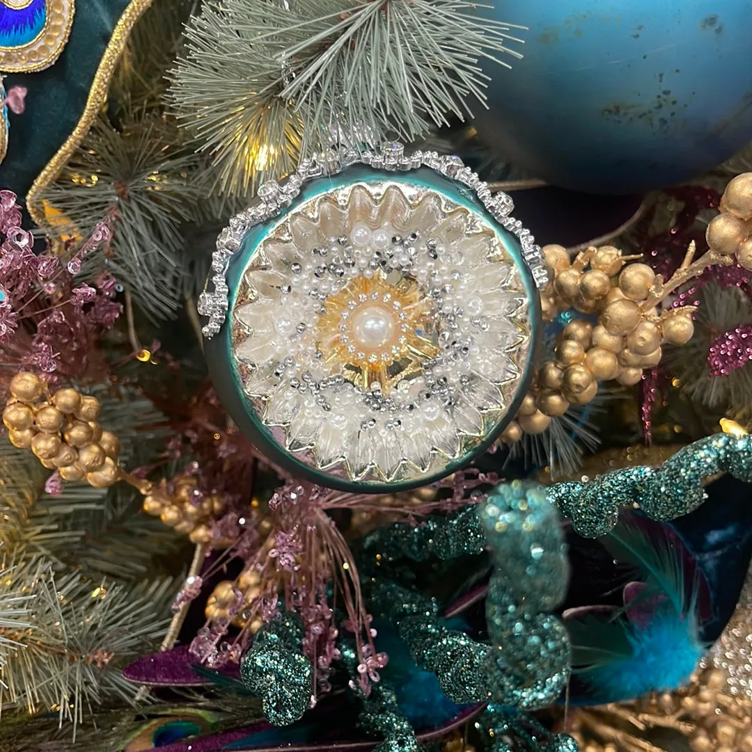 4''X3.5''X4.5'' Ornate Pearl Teal Glass Ornament | LC