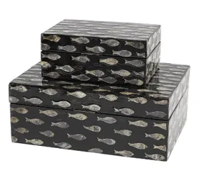 BLACK MOTHER OF PEARL FISH BOX WITH BEIGE ACCENTS