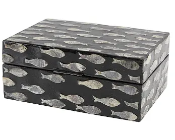 BLACK MOTHER OF PEARL FISH BOX WITH BEIGE ACCENTS