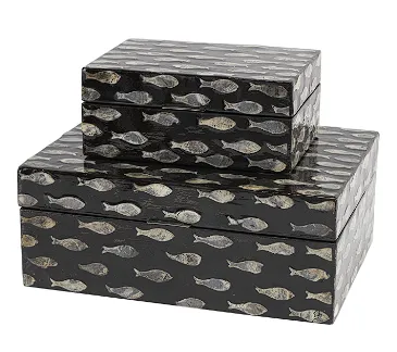 BLACK MOTHER OF PEARL FISH BOX WITH BEIGE ACCENTS