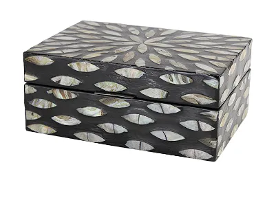 BLACK MOTHER OF PEARL GEOMETRIC FLORAL BOX WITH BEIGE ACCENTS