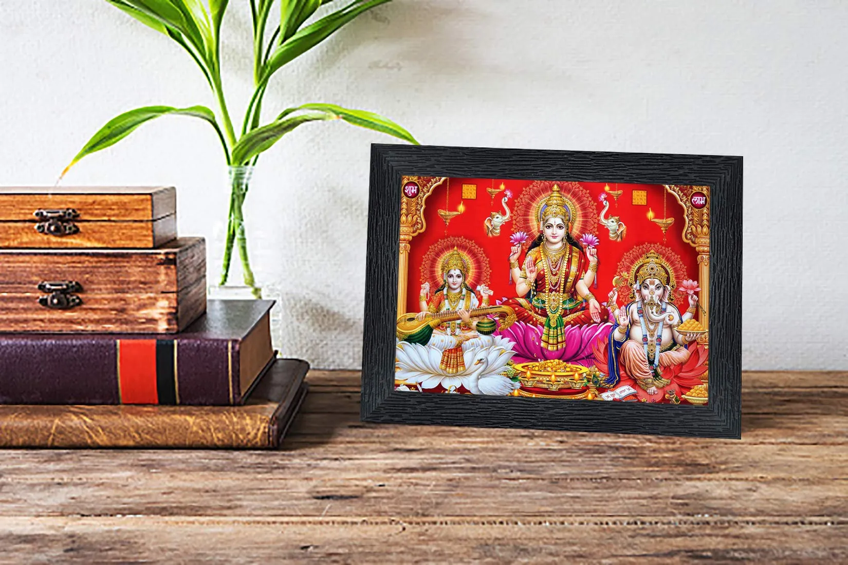 Generic PnF Diwali Puja (laxmiji, Ganeshji,Saraswatiji) Religious Wood Photo Frames with Acrylic Sheet (Glass) for Worship/Pooja(photoframe,Multicolour,8x6inch) 20140, Medium