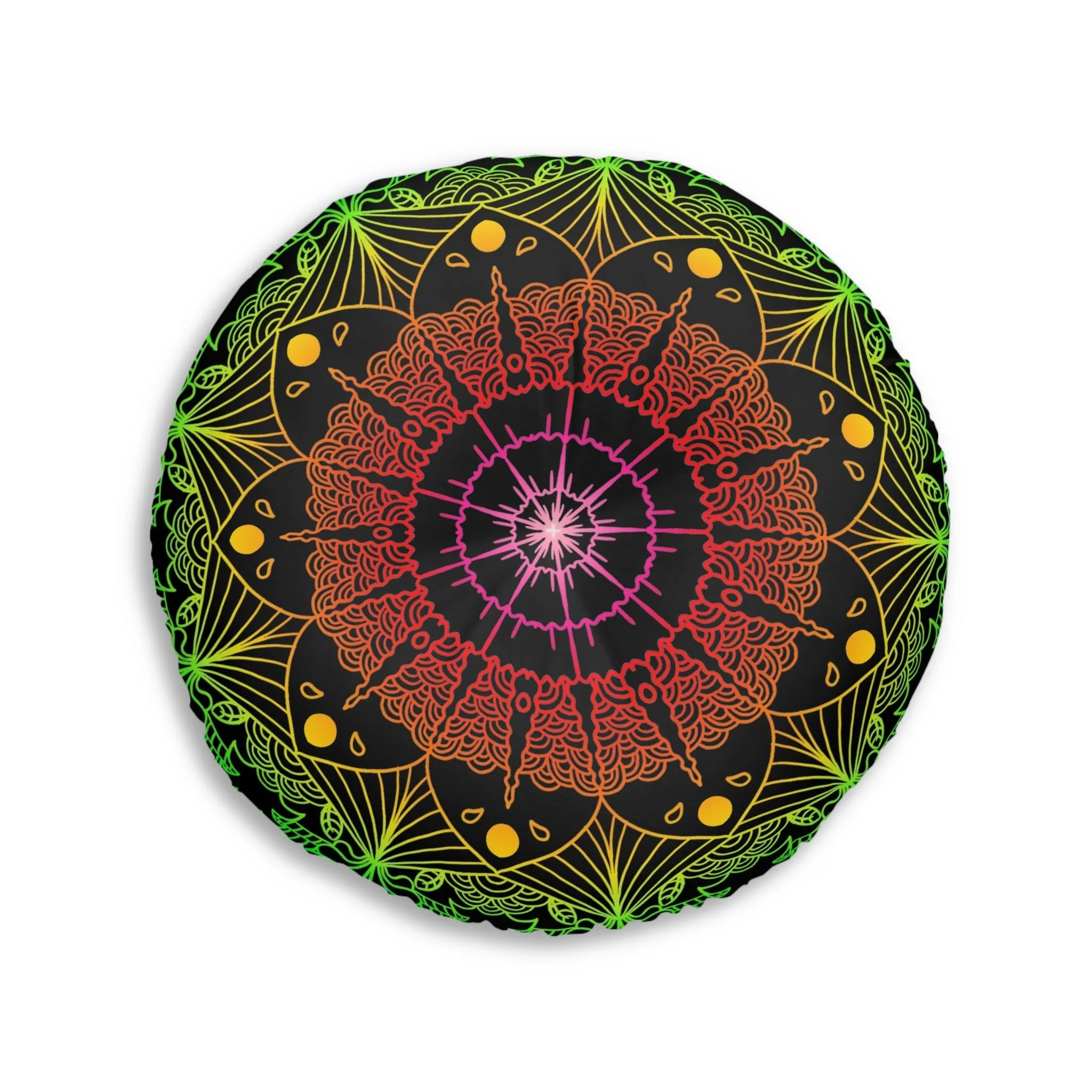 Hand Drawn Mandala Art Floor Cushion - Flower colors on Black - Tufted