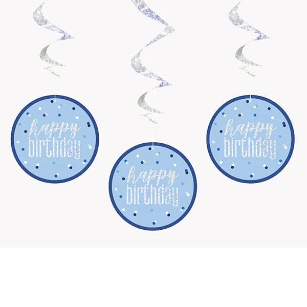 Happy Birthday Blue Glitz Hanging Swirl Decorations