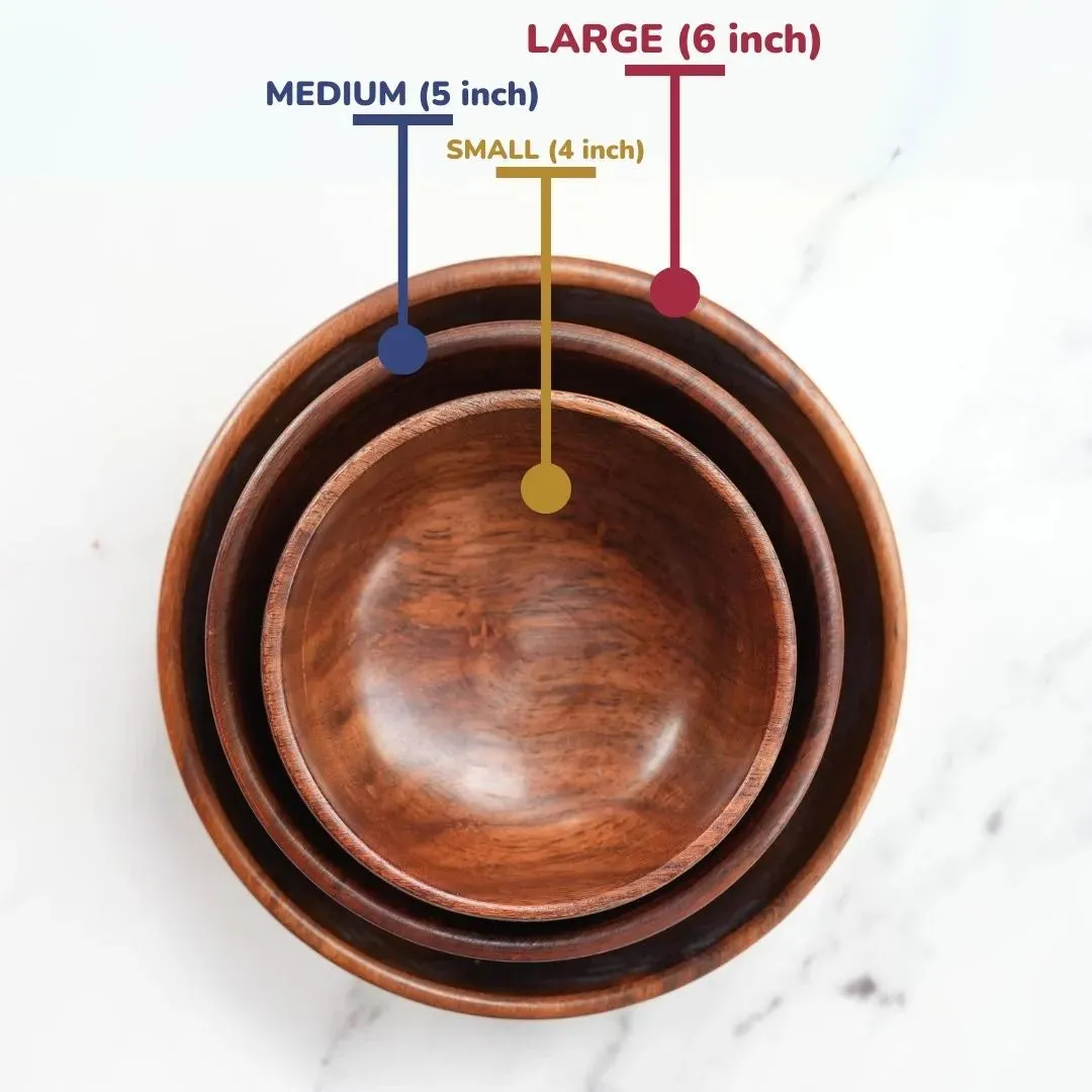 Large Wooden Bowl | Sheesham Wood | 6 Inch | Wax-Free | Chemical Coating Free