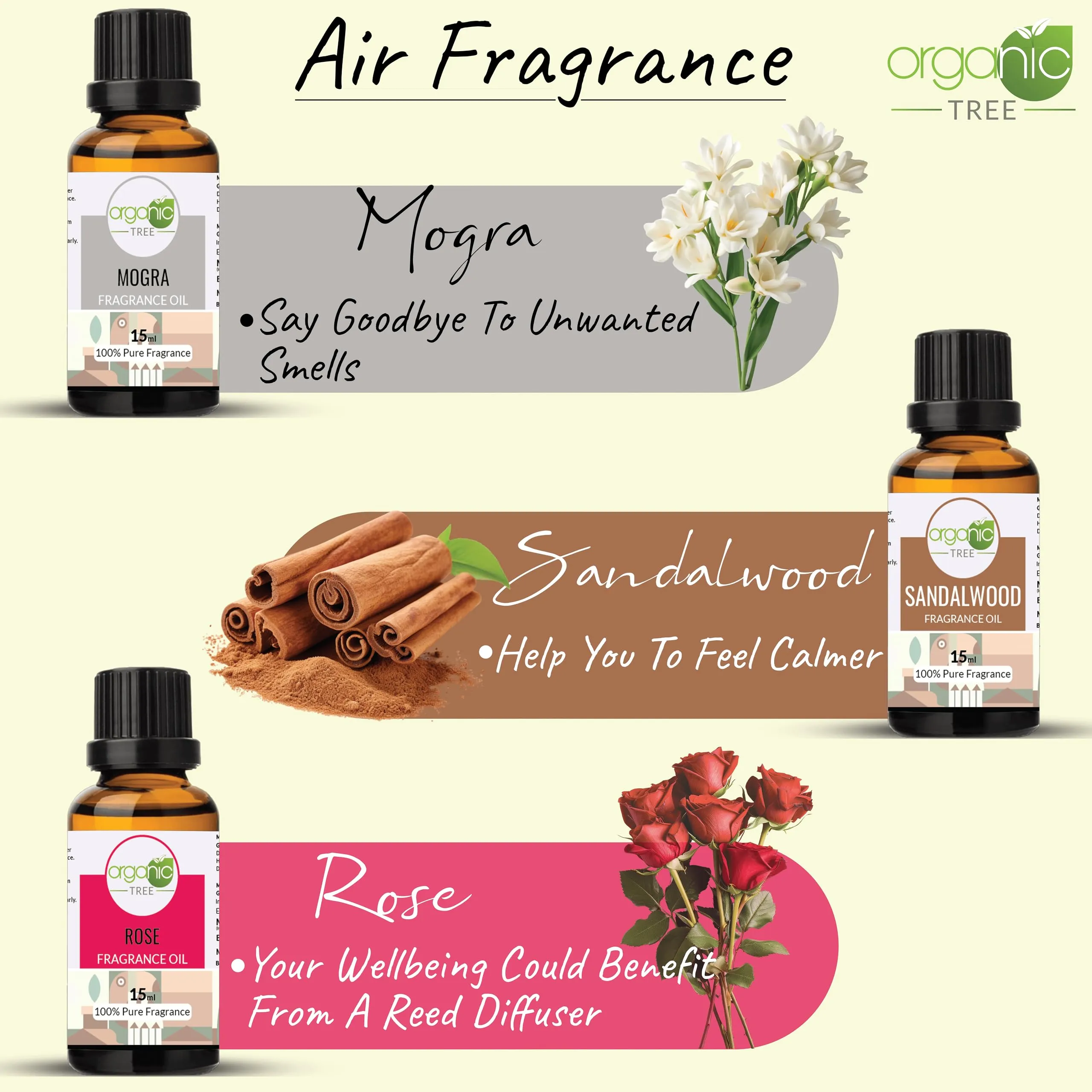 Organic Tree Aroma Diffuser Oil Set | Lemongrass, Lavender, Mogra, Rose, Sandalwood, Green Tea | Diffuser Refil Oil For Fragrance - Home, Office, Washroom & Aromatherapy (15ml Each) Pack of 6