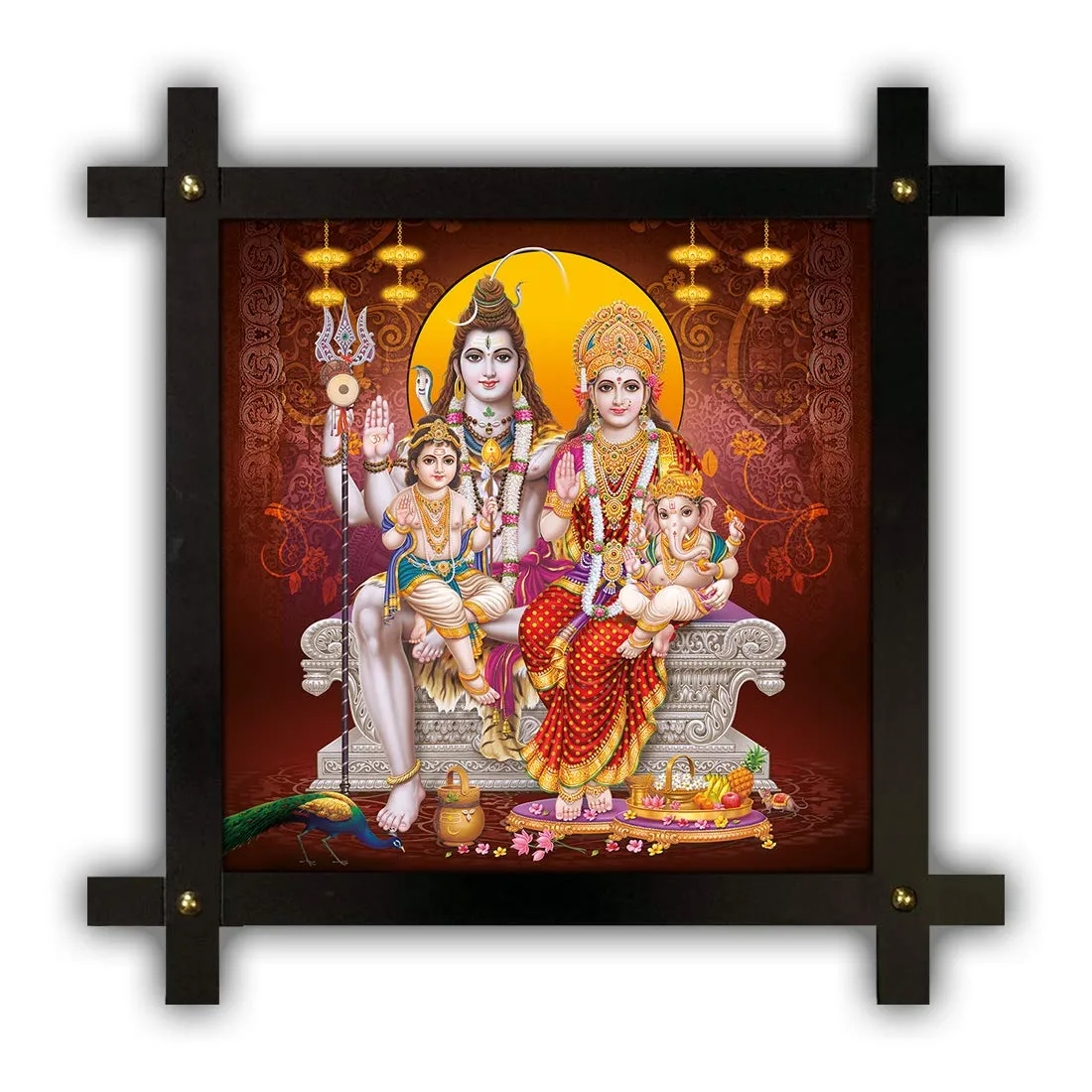 Poster n Frames Cross Wooden Frame Hand-Crafted with Photo of Bhole Nath parivar (Maa Parvati, Ganesh, Kartikey and Shiv Shankar) 20685-(16.5x16.5inch,Wood,Multicolour)