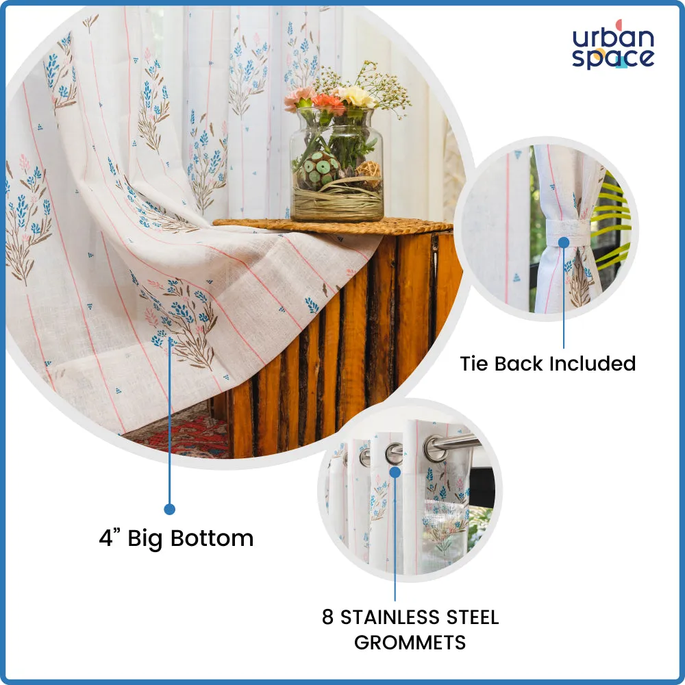Printed Sheer Linen Curtains, Light Filtering, Pack of 2 Curtains - Blue Dahlia