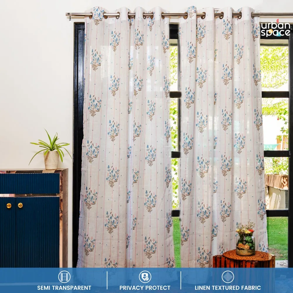 Printed Sheer Linen Curtains, Light Filtering, Pack of 2 Curtains - Blue Dahlia
