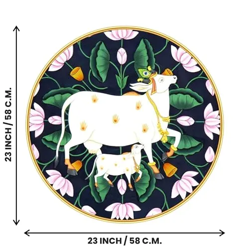 SAF paintings Beautiful Cow Pichwai Crystal Embedded High Gloss Mirror Finished Surface Golden Slim Frame 58 cm x 58 cm Large Size, For Home/Office/Hotel painting GR-07