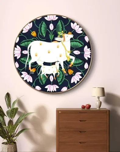 SAF paintings Beautiful Cow Pichwai Crystal Embedded High Gloss Mirror Finished Surface Golden Slim Frame 58 cm x 58 cm Large Size, For Home/Office/Hotel painting GR-07