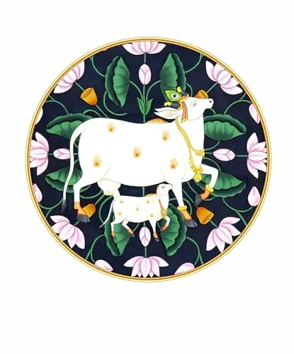 SAF paintings Beautiful Cow Pichwai Crystal Embedded High Gloss Mirror Finished Surface Golden Slim Frame 58 cm x 58 cm Large Size, For Home/Office/Hotel painting GR-07