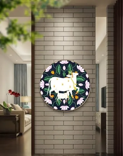 SAF paintings Beautiful Cow Pichwai Crystal Embedded High Gloss Mirror Finished Surface Golden Slim Frame 58 cm x 58 cm Large Size, For Home/Office/Hotel painting GR-07