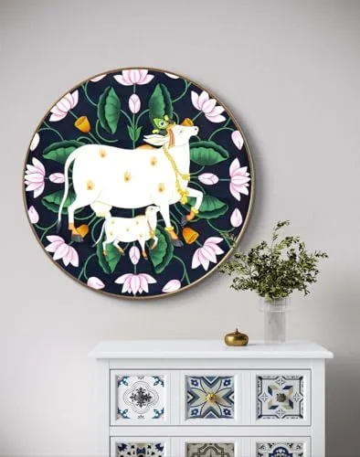 SAF paintings Beautiful Cow Pichwai Crystal Embedded High Gloss Mirror Finished Surface Golden Slim Frame 58 cm x 58 cm Large Size, For Home/Office/Hotel painting GR-07