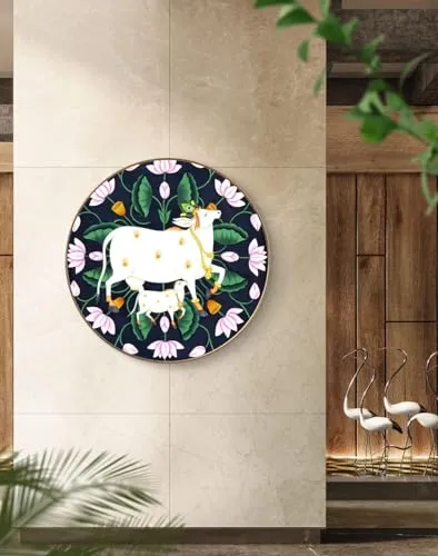 SAF paintings Beautiful Cow Pichwai Crystal Embedded High Gloss Mirror Finished Surface Golden Slim Frame 58 cm x 58 cm Large Size, For Home/Office/Hotel painting GR-07