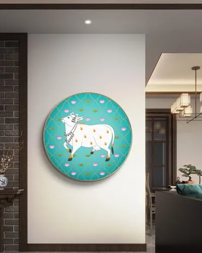 SAF paintings Beautiful Cow Pichwai Crystal Embedded High Gloss Mirror Finished Surface Golden Slim Frame 58 cm x 58 cm Large Size, For Home/Office/Hotel painting GR-14