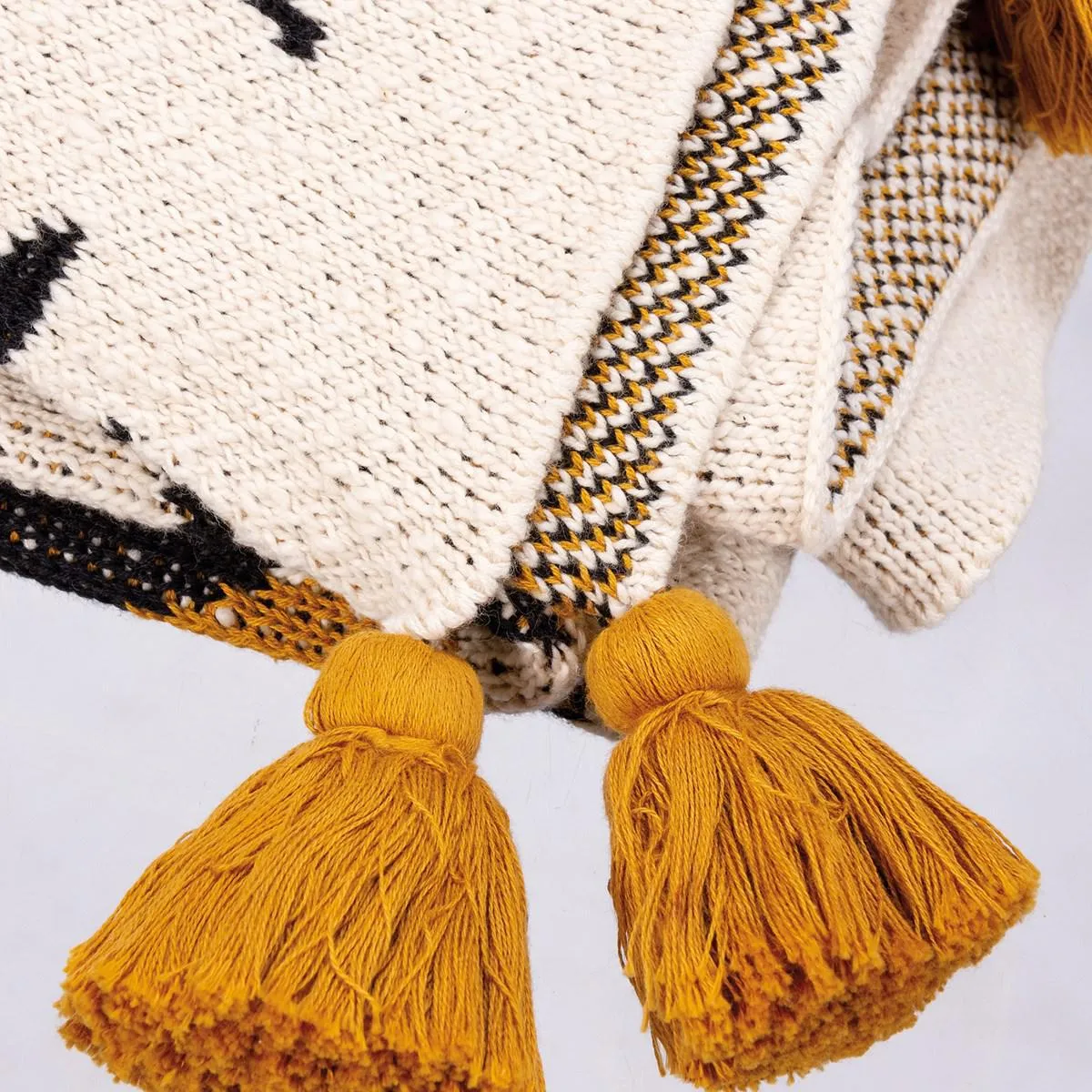 SAFFRON & BLACK AZTEC TASSEL THROW