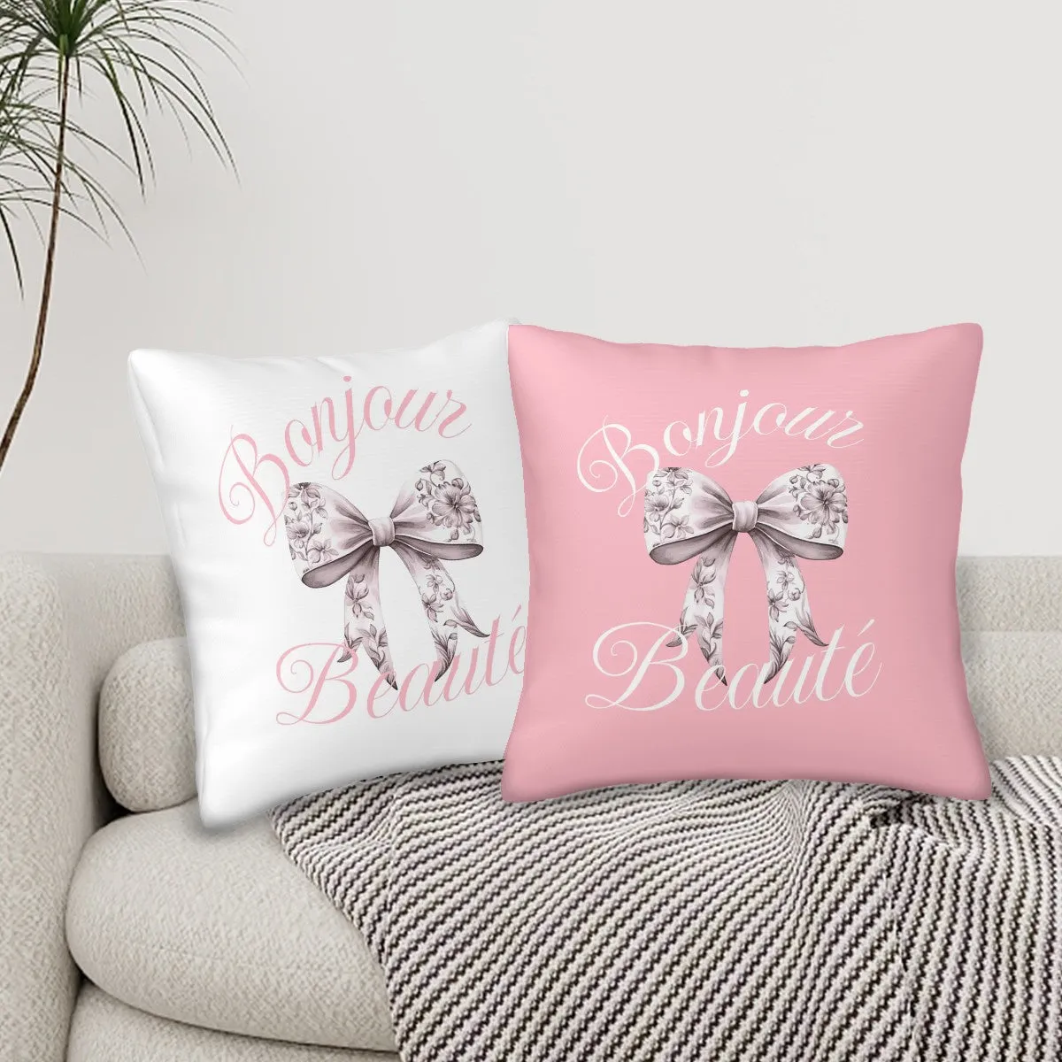 Set of 2 French chic bow pillow decorative cushion cover pink floral toile chinoiserie