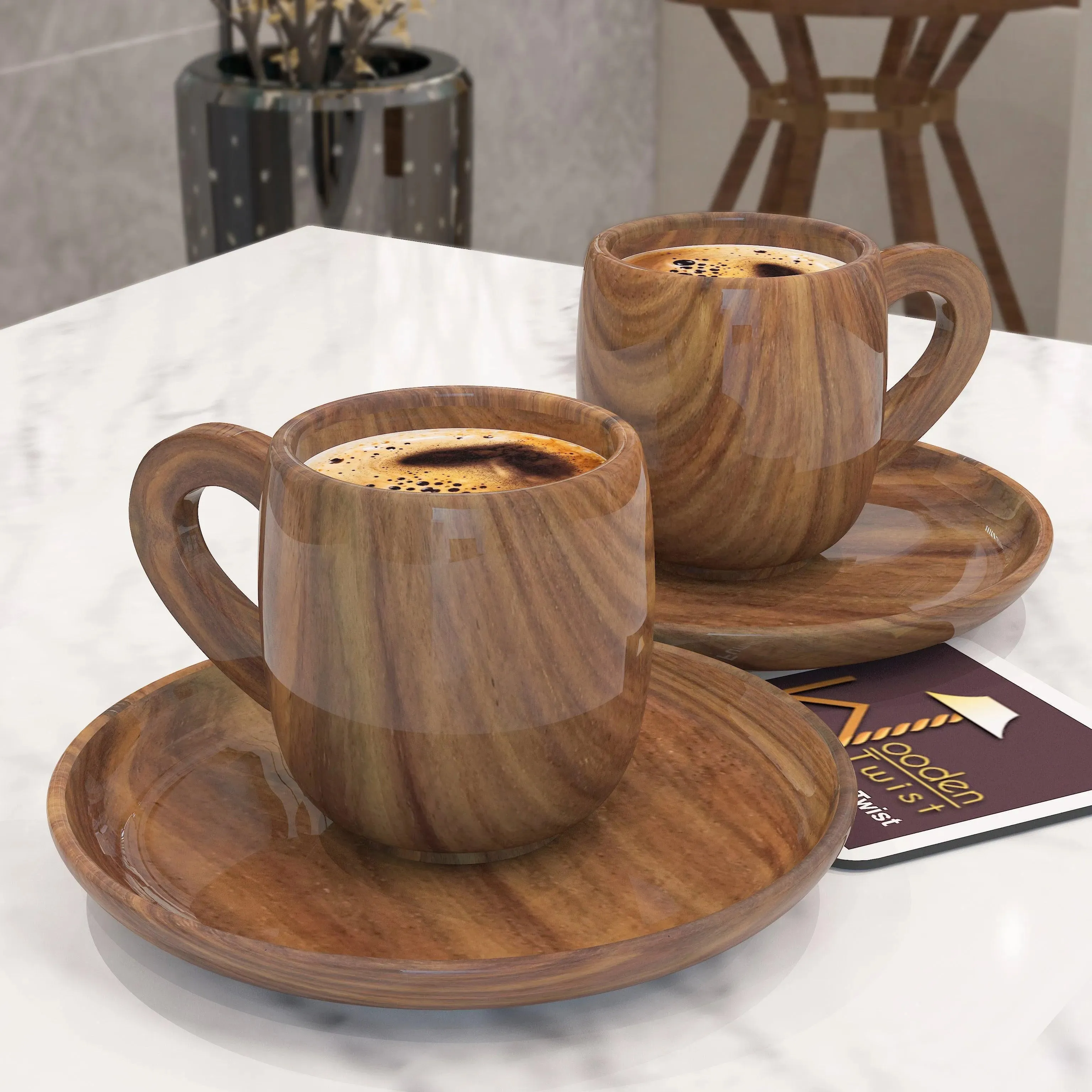 Sheesham Wood Exquisite Cup & Saucer (Set of 2)