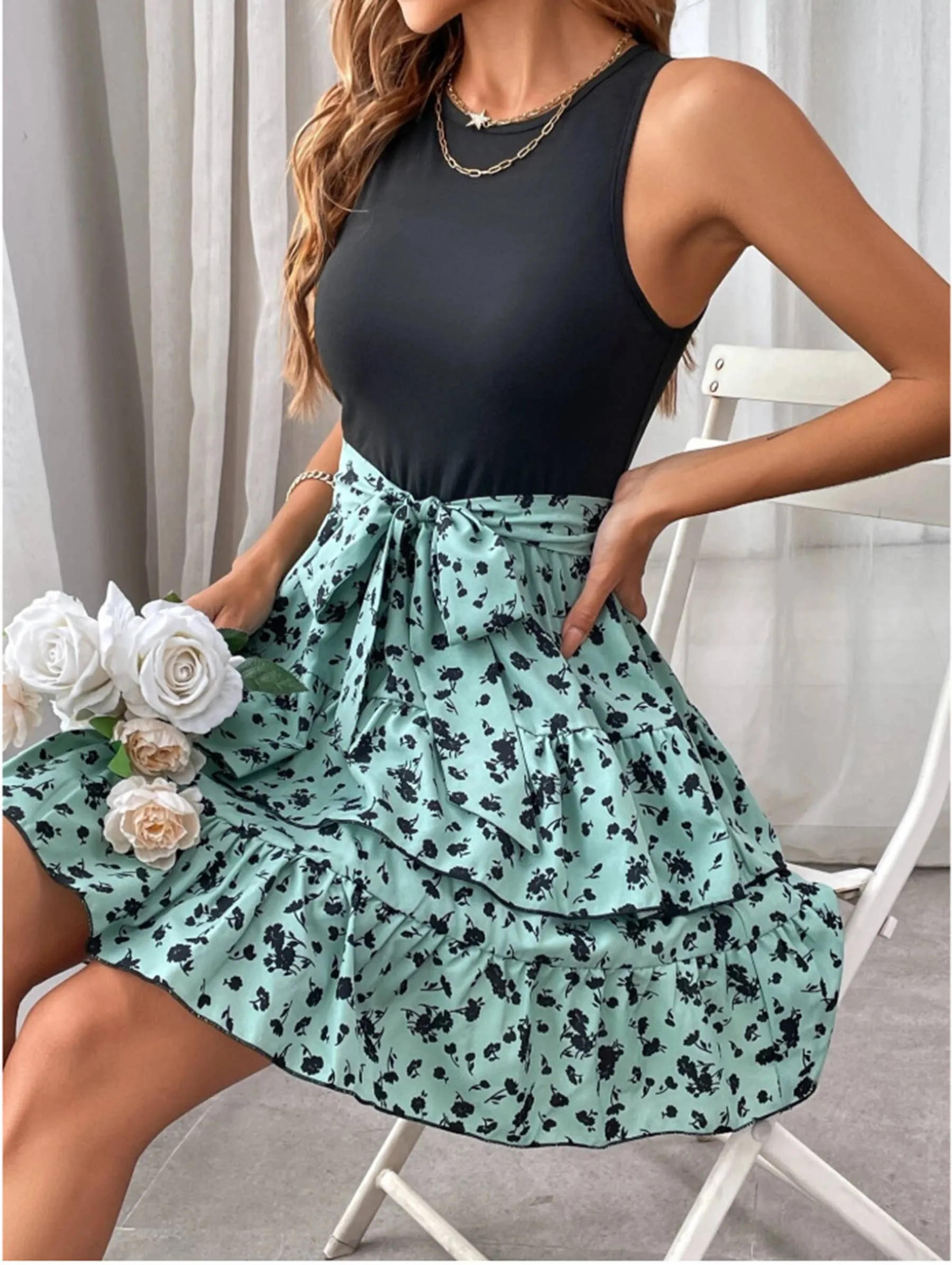 Sleeveless Printed Vest Dress
