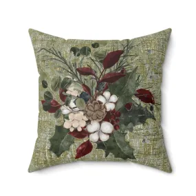 Winter Berries & Botanical Sprigs on Green Spun Polyester Pillow