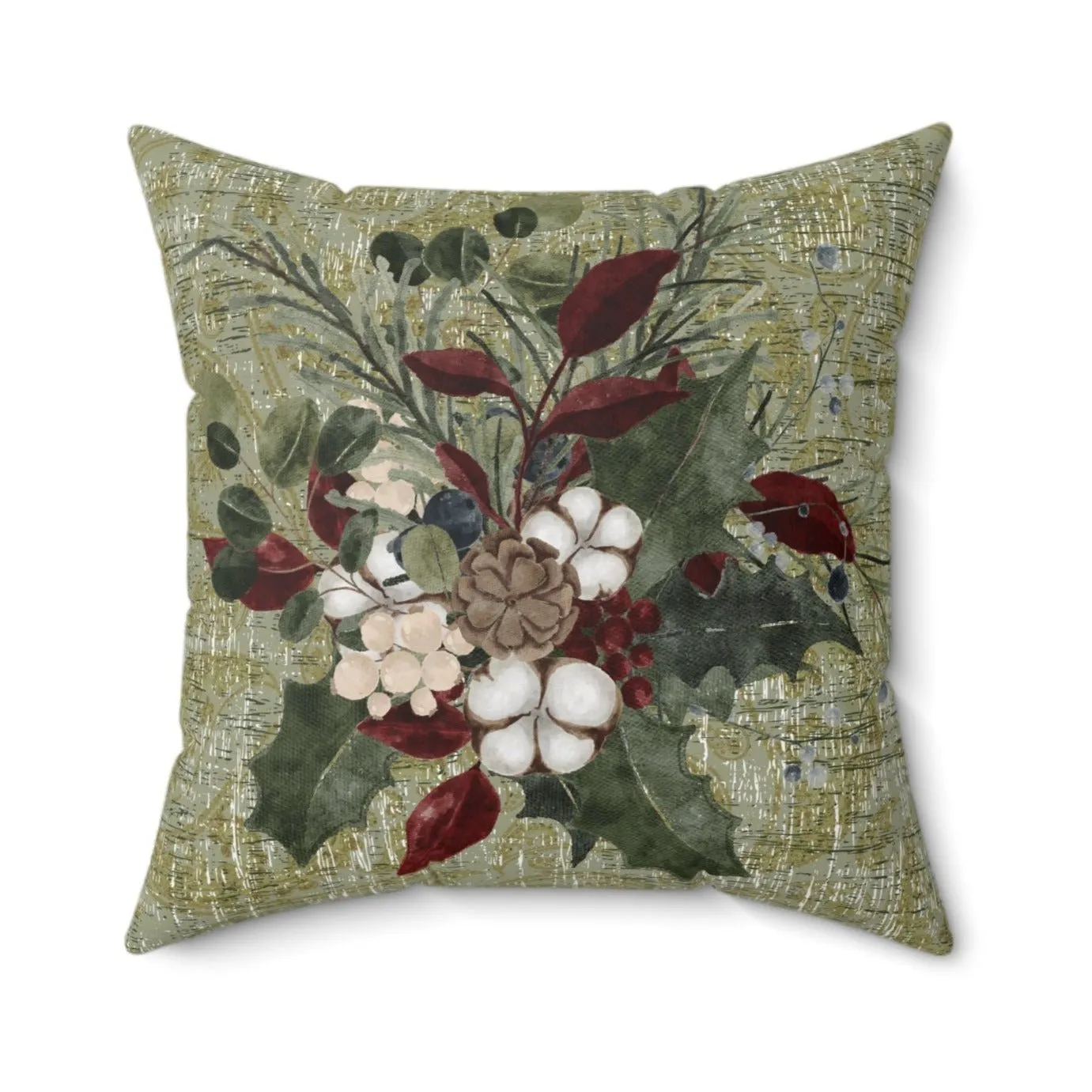 Winter Berries & Botanical Sprigs on Green Spun Polyester Pillow
